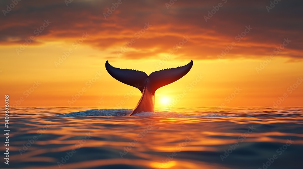 Aufkleber whale tail gracefully rising from the ocean at sunset creating an enchanting scene : generative ai