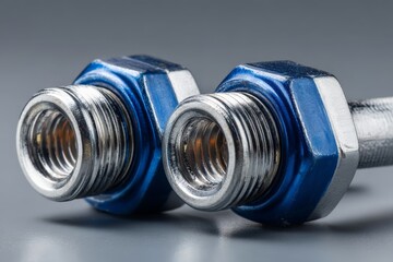 Close-up of metallic fittings with blue accents on a gray surface highlighting craftsmanship in plumbing components