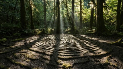 Obraz premium Sunlit forest path spiral art nature serenity