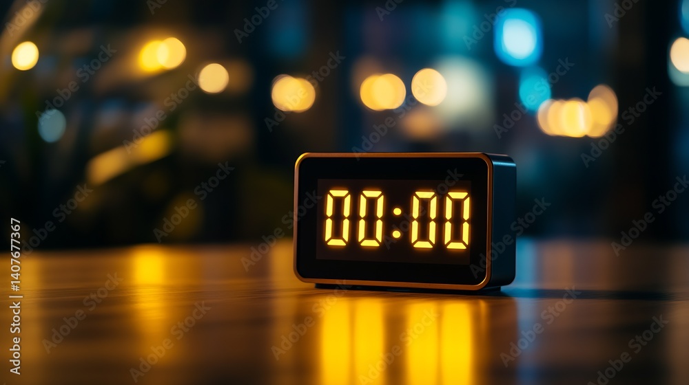 Poster Stylish digital clock set to zero hour surrounded by soft evening lights in a tranquil setting : Generative AI