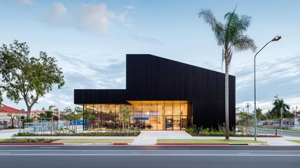 Fototapeta premium Ultra-modern black facade with strategic lighting, balanced for promotional material.