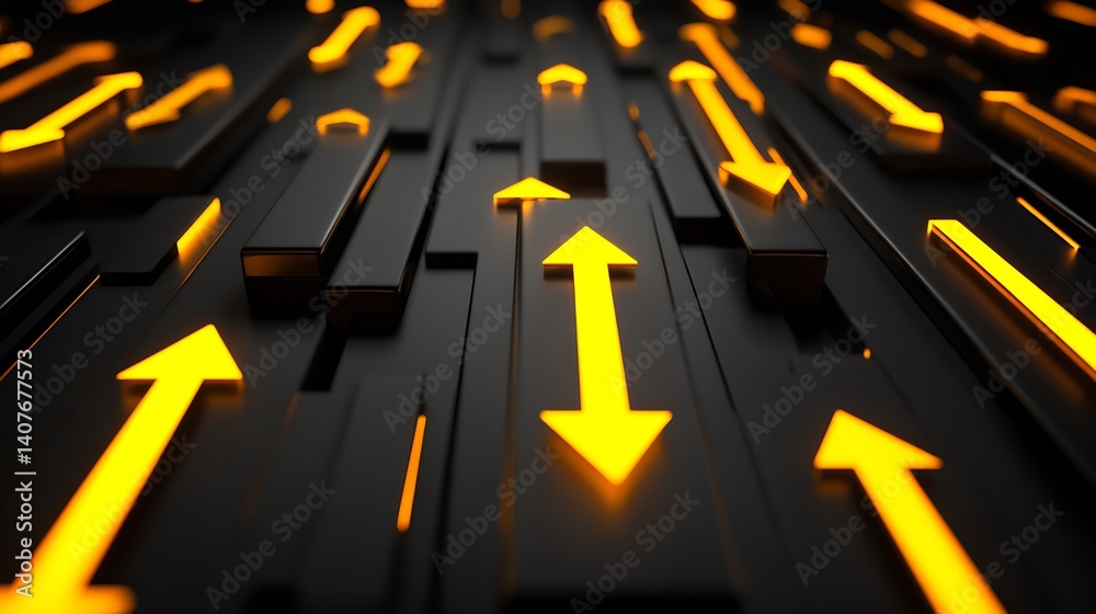 Poster Perspective View of Yellow Arrows Leading in Different Directions on a Dark Surface Conveying Movement : Generative AI