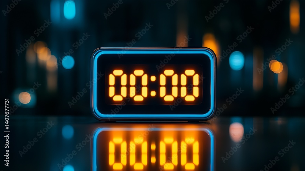 Aufkleber Futuristic digital clock with glowing display showing zero surrounded by soft ambient nighttime lights : Generative AI