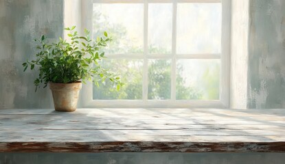Fototapeta premium Rustic Wooden Table with Natural Light and Plant in Minimalist Interior