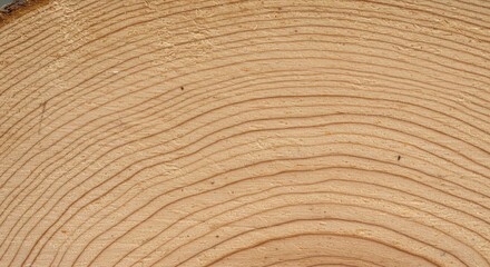 A cross-section of a tree trunk shows numerous concentric growth rings