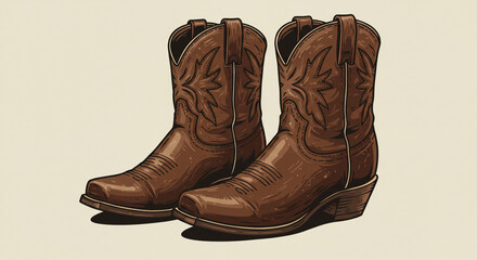 Classic Brown Leather Cowboy Boots Detailed Illustration with Vintage Style and Textured Design