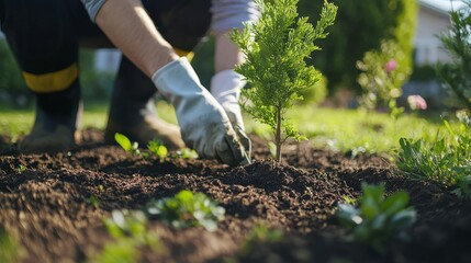 Naklejka premium Landscaper planting trees in a residential yard. Featuring care and attention to detail