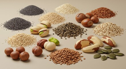 Variety of seeds and nuts arranged in small piles and groups on a neutral background
