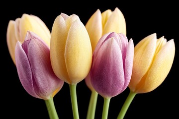 Fototapeta premium Colorful tulips in shades of purple and yellow arranged together against a black background