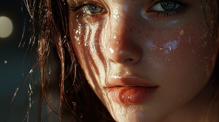 Close-up portrait of a woman's face with water droplets, showcasing skin texture and reflective light. The image evokes a sense of freshness and natural beauty.
