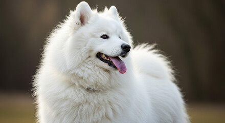 Obraz premium Majestic Samoyed dog fluffy white fur gentle eyes soft natural light blurred background