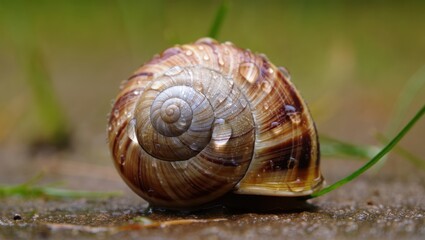 A snail shell with water droplets rests on a surface against a blurred green background