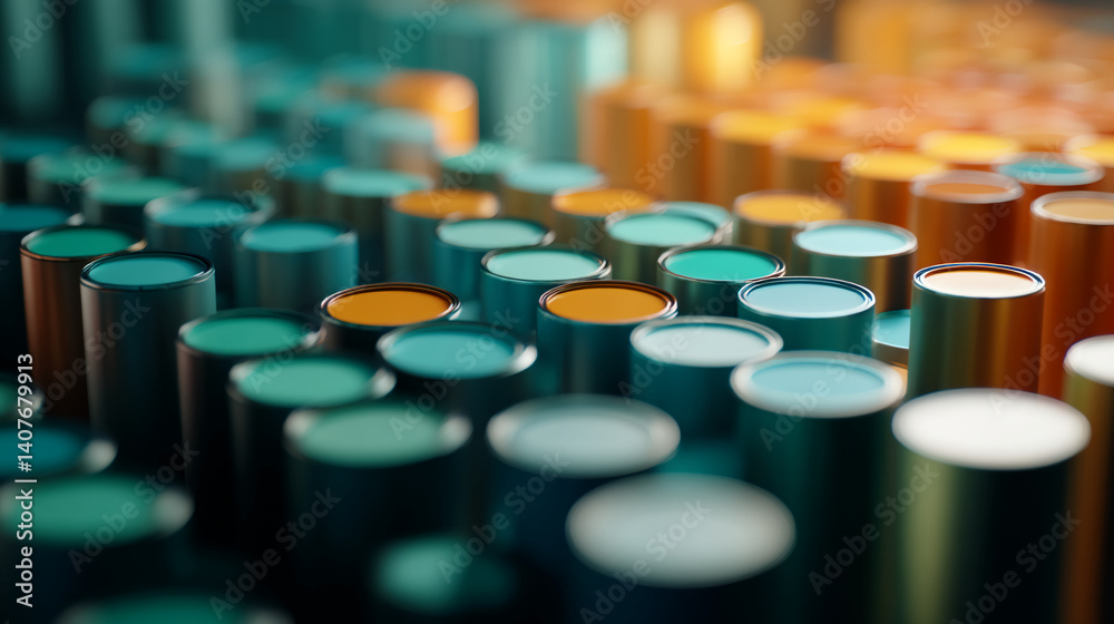 Poster Close-up of teal and orange paint cans, creating a colorful and textured pattern. Showcase of vibrant hues, symbolizing creativity, design, and visual appeal.