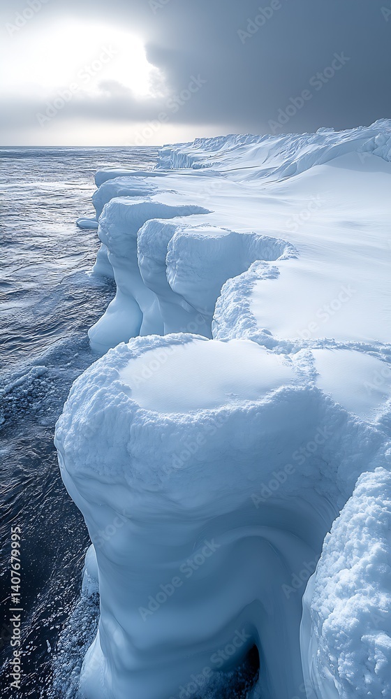 Aufkleber Captivating scene of ice formations along the coastline under a cloudy sky and ocean views : Generative AI