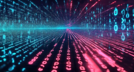 Fototapeta premium 3D Binary Code Digital Art with Neon Lighting in Cyberpunk Technology Landscape