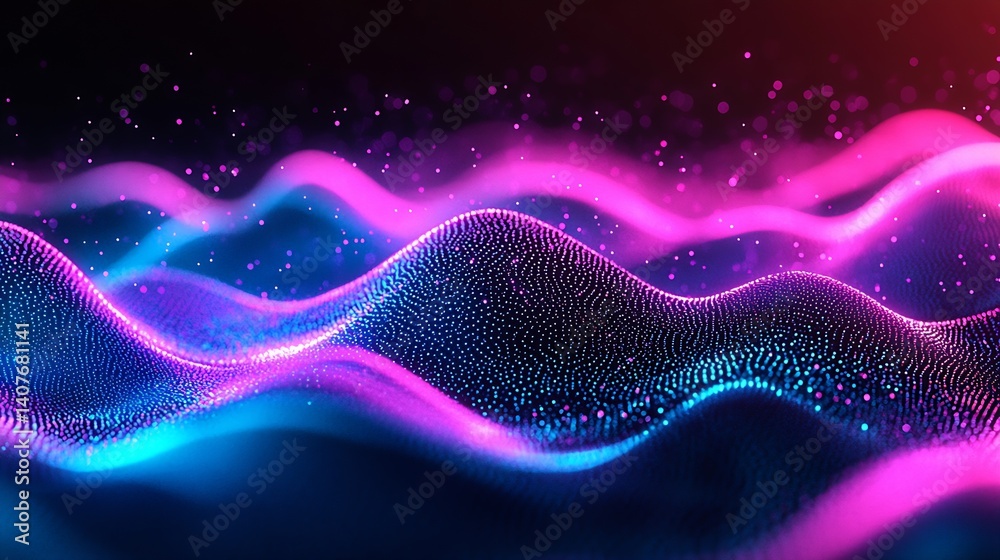 Poster Soothing abstract wave patterns with glowing particles in a vivid color palette : Generative AI