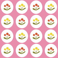 Seamless pattern of alternating white circles containing stylized red and yellow flowers with green leaves on a pink background. Cute and simple floral design.