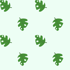Seamless pattern with green monstera leaves on light mint background. Tropical botanical design. Simple and fresh vector repeat.