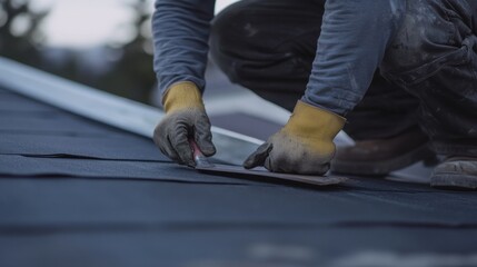 Roofing contractor sealing roof joints. Featuring precision and skill