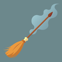 A magical witch's broom soaring through the air, leaving a trail of mystical blue smoke, a whimsical flight on a simple, flat design.