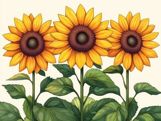 Obraz premium Sunflowers Illustration Minimalist Japanese Woodblock Print Style