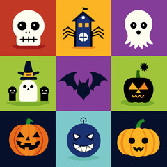 Obraz premium A playful collection of Halloween icons featuring a spooky skull, mischievous ghosts, a haunted house, and grinning pumpkins in a bold, flat design style.