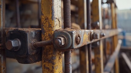 Scaffolder tightening bolts on scaffolding at a construction site. Featuring safety and teamwork