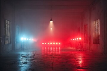 Colorful stage lighting creates an atmospheric effect in a dimly lit warehouse setting during a nighttime event