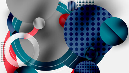 Abstract composition features overlapping circles, curves, dots. Blue, gray, red hues create dynamic visual effect. Modern design elements suggest fluidity, movement, depth.
