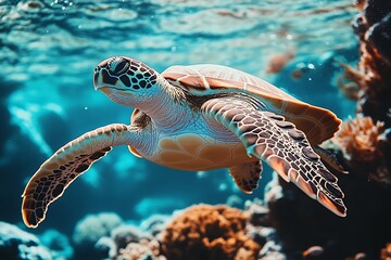 Obraz premium Underwater Scene with Majestic Turtle Swimming Gracefully Among Coral Reef : Generative AI