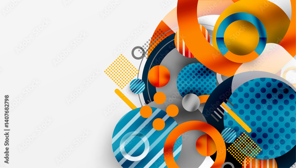 Aufkleber Abstract geometric composition. Overlapping circles, squares, lines create dynamic visual effect. Orange, blue, gray dominate palette. Modern design element.