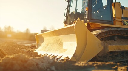 Construction worker operating a bulldozer for site leveling. Featuring power and precision
