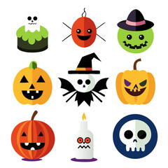 A whimsical collection of Halloween icons featuring friendly ghosts, grinning pumpkins, and spooky skulls, all in a playful, flat design style with bold colors.