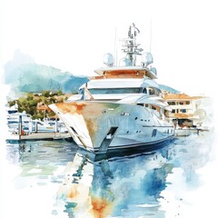 Watercolor Painting of a Luxury Yacht Moored at a Mediterranean Marina