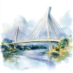 Watercolor Painting of a Modern Cable Stay Bridge over a River