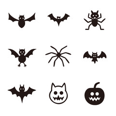 Playful Halloween icons featuring cute bats, spiders, and a jack-o'-lantern in simple black silhouettes against a white background.