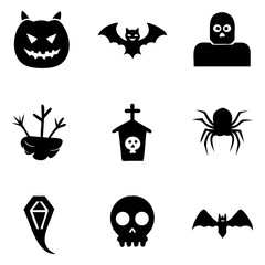 Obraz premium Spooky Halloween icons: a wicked collection of jack-o'-lanterns, bats, tombstones, spiders, and skulls, in bold black silhouettes against a stark white background.