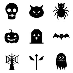 Obraz premium Spooky Halloween icons featuring a grinning pumpkin, a mischievous ghost, a creepy bat, and a scary spider, all in bold black silhouettes against a crisp white background.