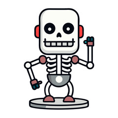 A cheerful robotic skeleton waves hello, a fun, friendly design with bold outlines and flat colors on a simple white background.