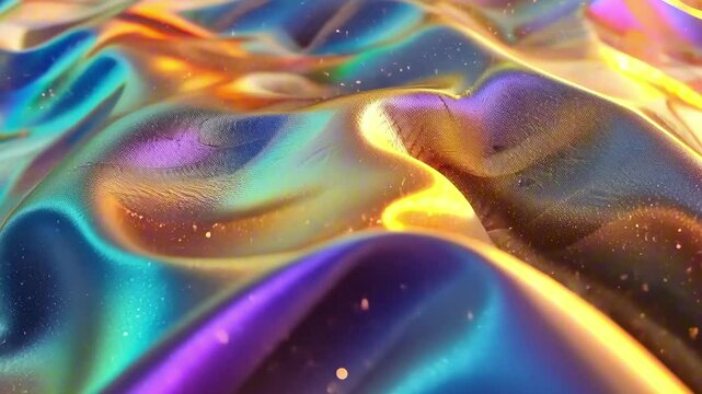 Smooth iridescent fabric surface shimmering in waves of gold, purple, and blue under soft light. Concept of futuristic texture and dreamlike abstraction