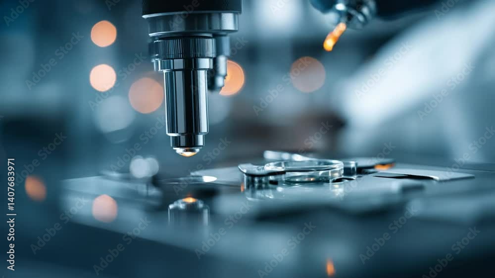 Poster scientist examining sample under microscope in laboratory setting generative ai
