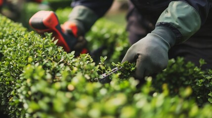 Fototapeta premium Landscaper trimming hedges in a residential garden. Featuring care and attention