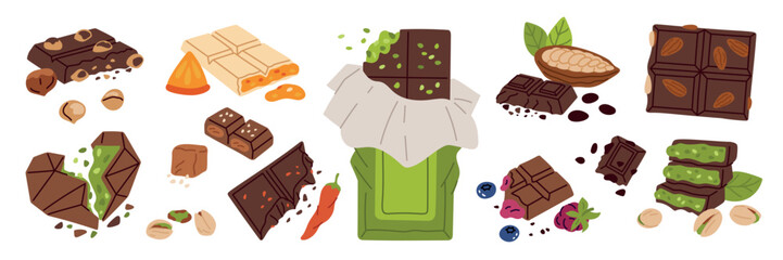 Cartoon oriental chocolate. Cocoa dessert with different fillings, different nuts, berries, orange, pistachios, sweets candies, homemade confectionery garish vector isolated set