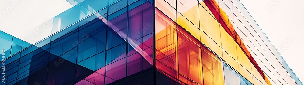 Poster Dynamic close-up of colorful glass architecture reflecting vibrant sunlight with geometric shapes and sleek design : Generative AI