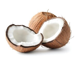 A coconut with the shell open, split in half to reveal its white interior on an isolated background