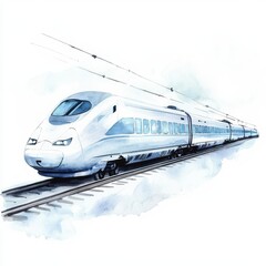 Fototapeta premium Watercolor Painting of a Sleek White High Speed Train on Tracks
