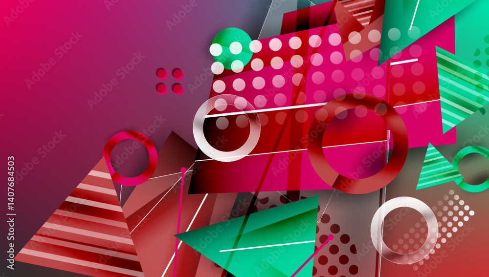 Poster Abstract geometric composition. Overlapping shapes, vibrant colors create dynamic visual experience. Circles, triangles, rectangles blend with gradients, patterns. Modern design elements.