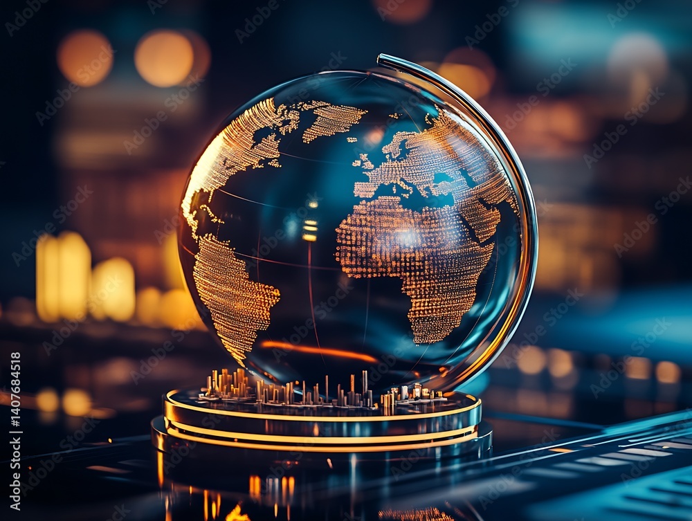 Poster Detailed globe representation of world continents glowing with data metrics for finance and technology contexts : Generative AI