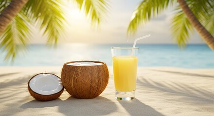 Coconut water and juice in a coconut shell and glass, sandy beach setting with palm shadows