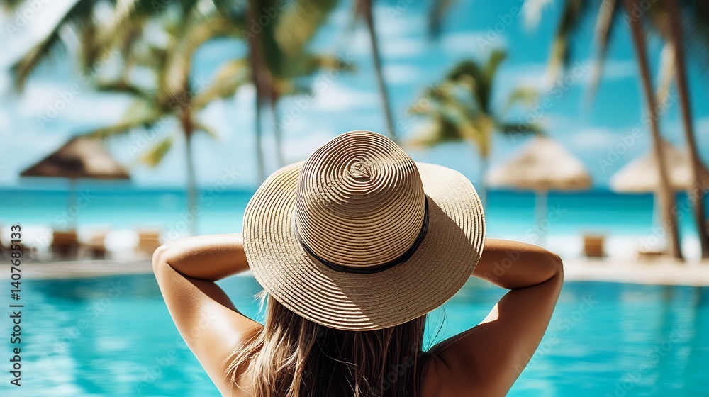 Aufkleber relaxed woman enjoying the soothing ambiance of the luxurious poolside while wearing a stylish straw